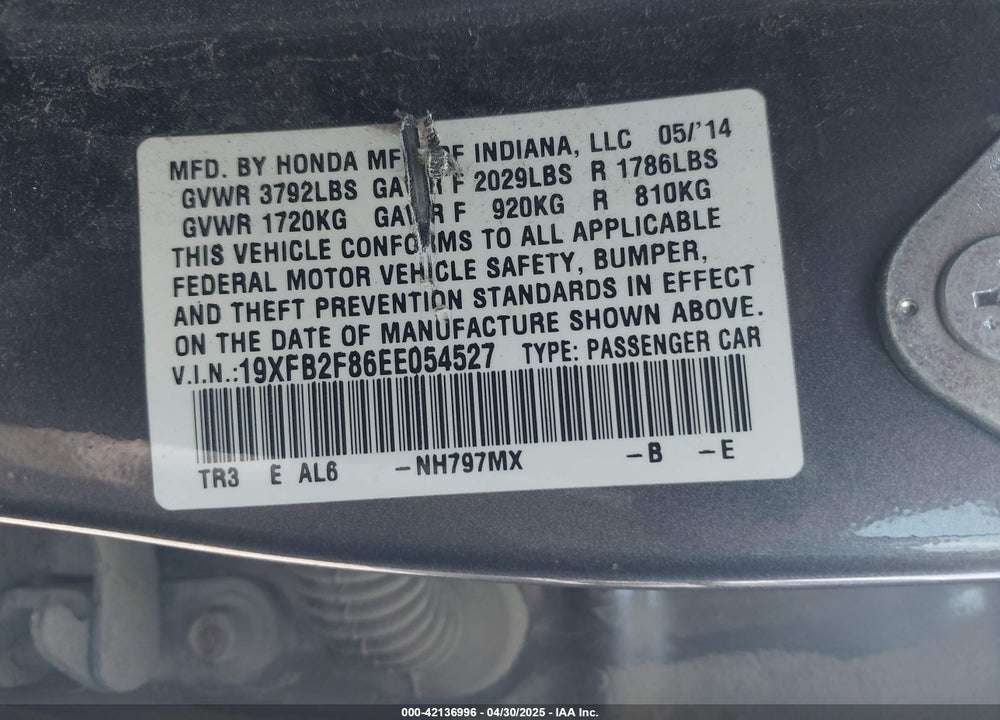 2014 HONDA CIVIC EX VIN: 19XFB2F86EE054527