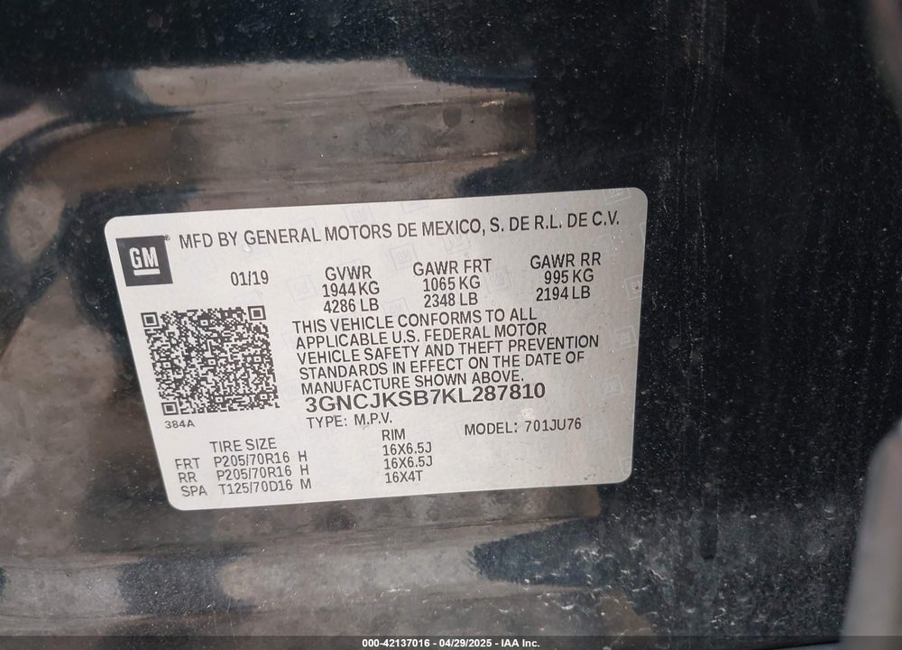 2019 CHEVROLET TRAX LS VIN: 3GNCJKSB7KL287810