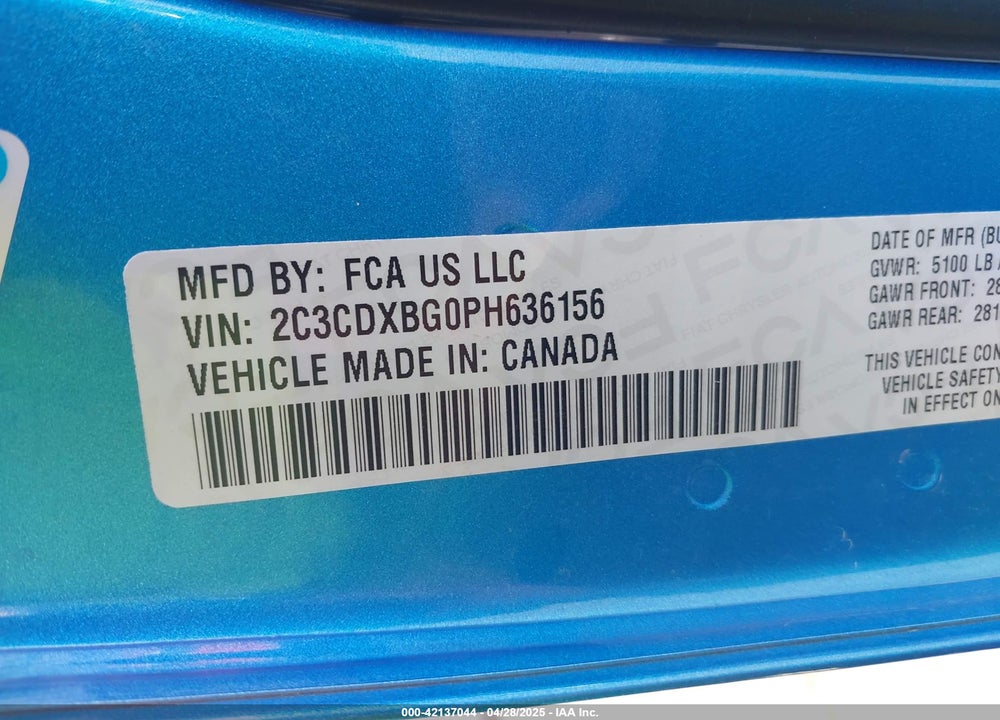 2023 DODGE CHARGER VIN: 2C3CDXBG0PH636156