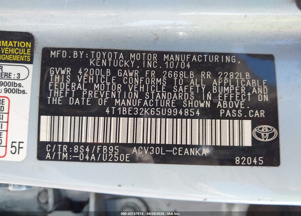 2005 TOYOTA CAMRY LE VIN: 4T1BE32K65U994854