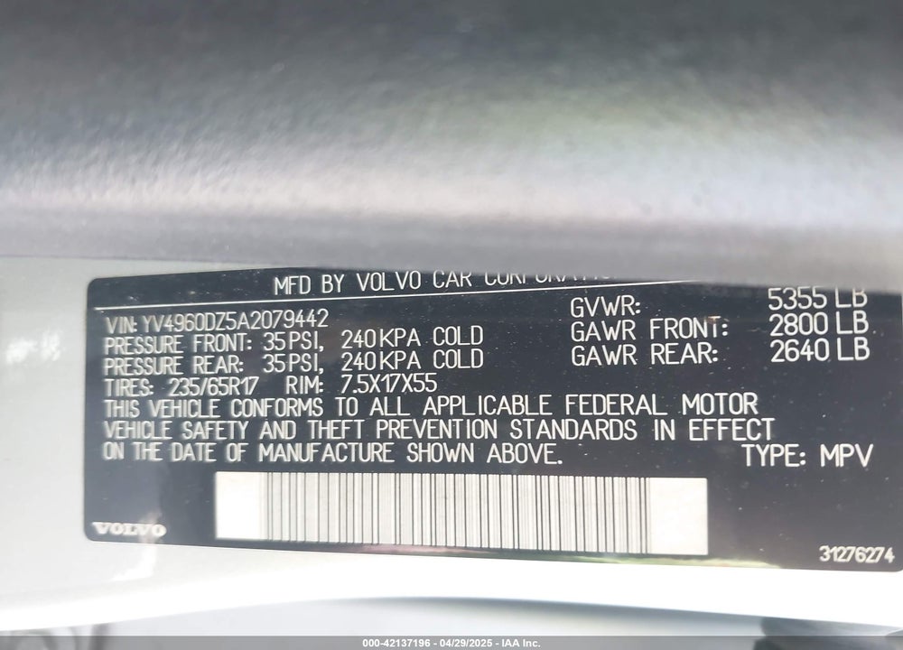 2010 VOLVO XC60 3.2 VIN: YV4960DZ5A2079442