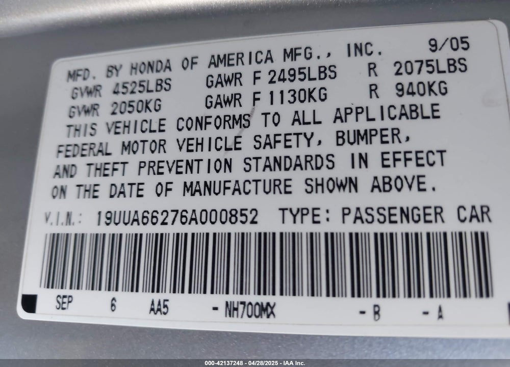 2006 ACURA TL VIN: 19UUA66276A000852