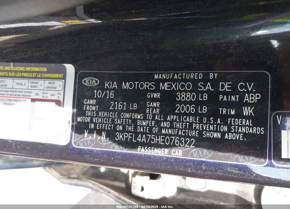 2017 KIA FORTE VIN: 3KPFL4A75HE076322
