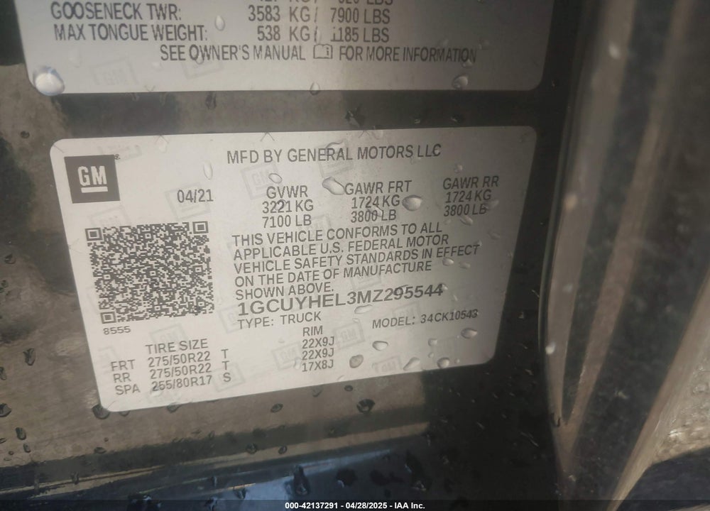 2021 CHEVROLET SILVERADO 1500 VIN: 1GCUYHEL3MZ295544