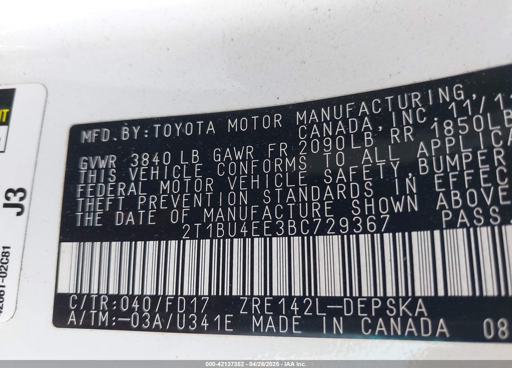 2011 TOYOTA COROLLA S VIN: 2T1BU4EE3BC729367