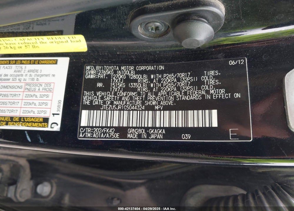 2012 TOYOTA 4RUNNER VIN: JTEZU5JR1C5044324