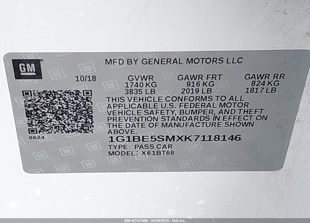 2019 CHEVROLET CRUZE VIN: 1G1BE5SMXK7118146