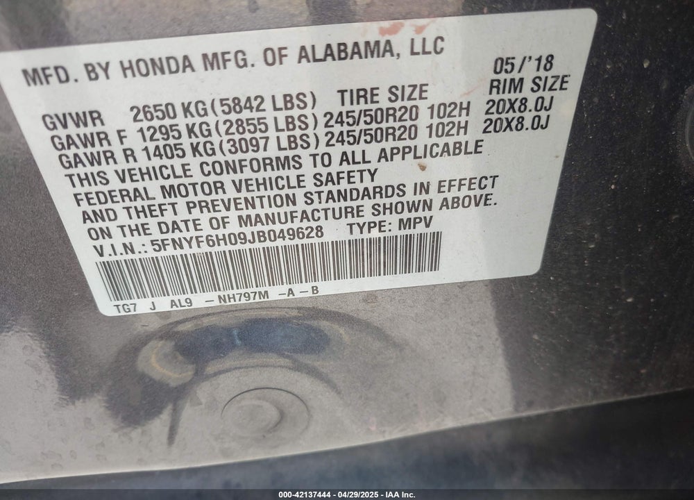 2018 HONDA PILOT ELITE VIN: 5FNYF6H09JB049628