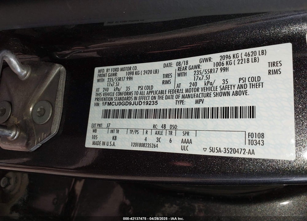 2018 FORD ESCAPE SE VIN: 1FMCU0GD9JUD19235