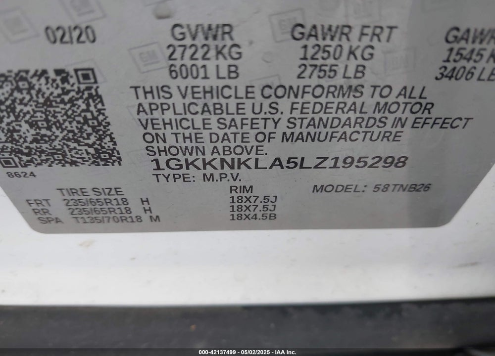 2020 GMC ACADIA VIN: 1GKKNKLA5LZ195298