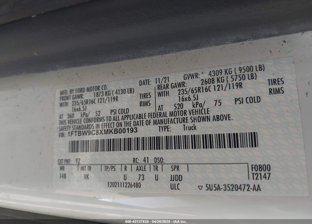 2021 FORD TRANSIT-350 VIN: 1FTBW9C8XMKB00193