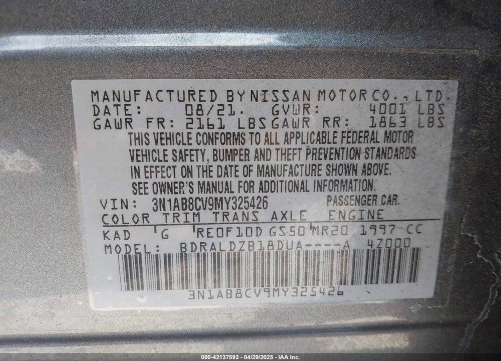 2021 NISSAN SENTRA VIN: 3N1AB8CV9MY325426