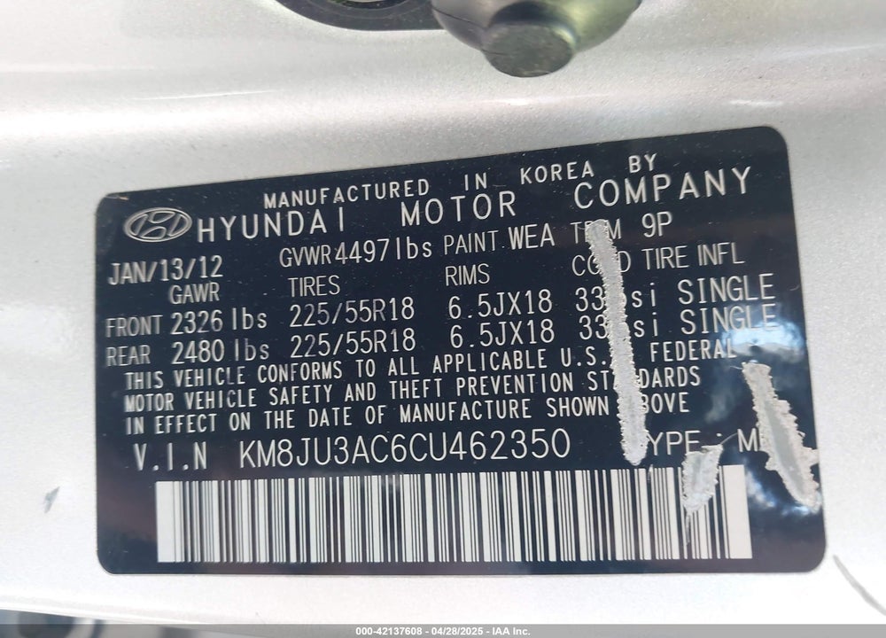 2012 HYUNDAI TUCSON VIN: KM8JU3AC6CU462350