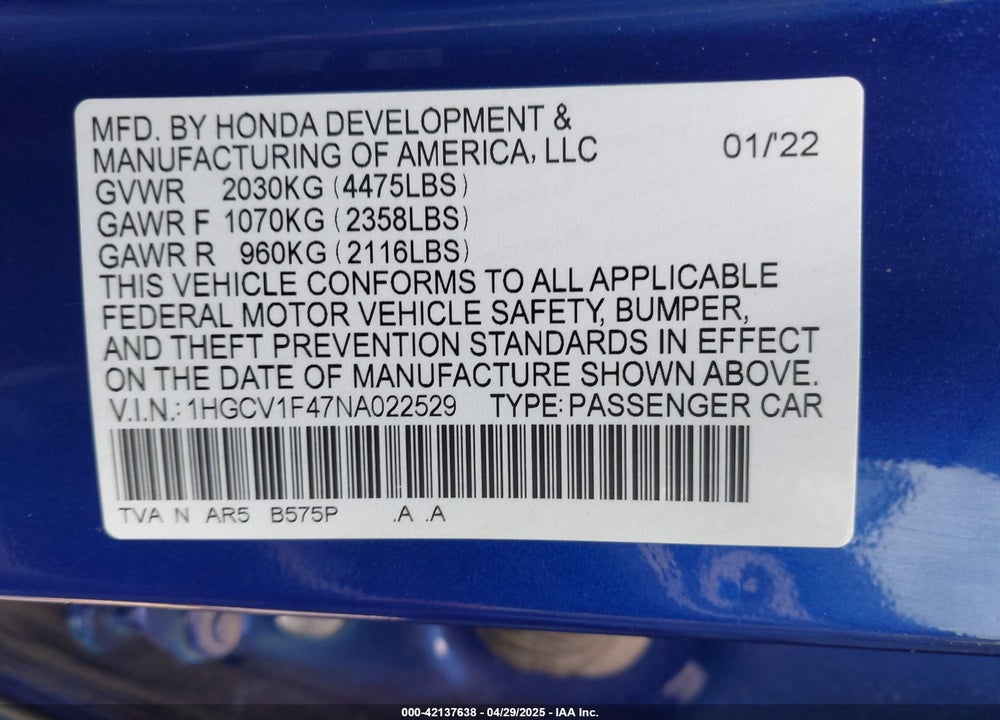 2022 HONDA ACCORD VIN: 1HGCV1F47NA022529