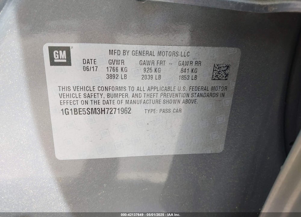 2017 CHEVROLET CRUZE VIN: 1G1BE5SM3H7271962