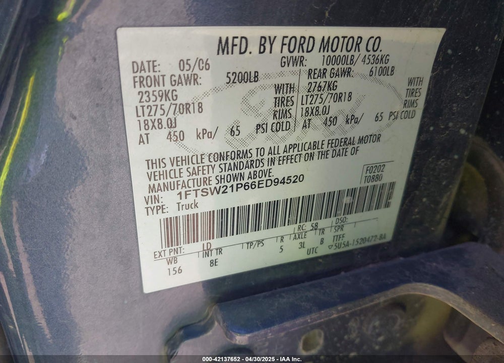 2006 FORD F-250 VIN: 1FTSW21P66ED94520