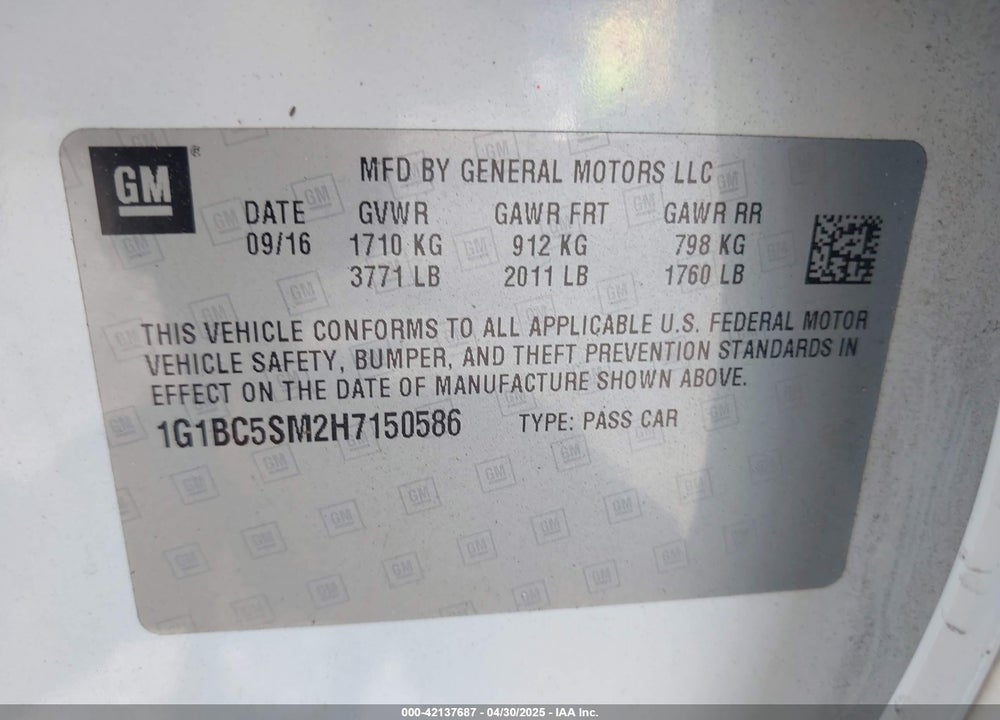 2017 CHEVROLET CRUZE VIN: 1G1BC5SM2H7150586