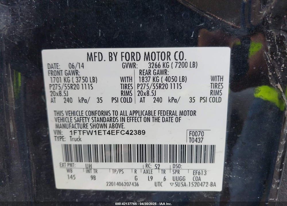2014 FORD F-150 VIN: 1FTFW1ET4EFC42389