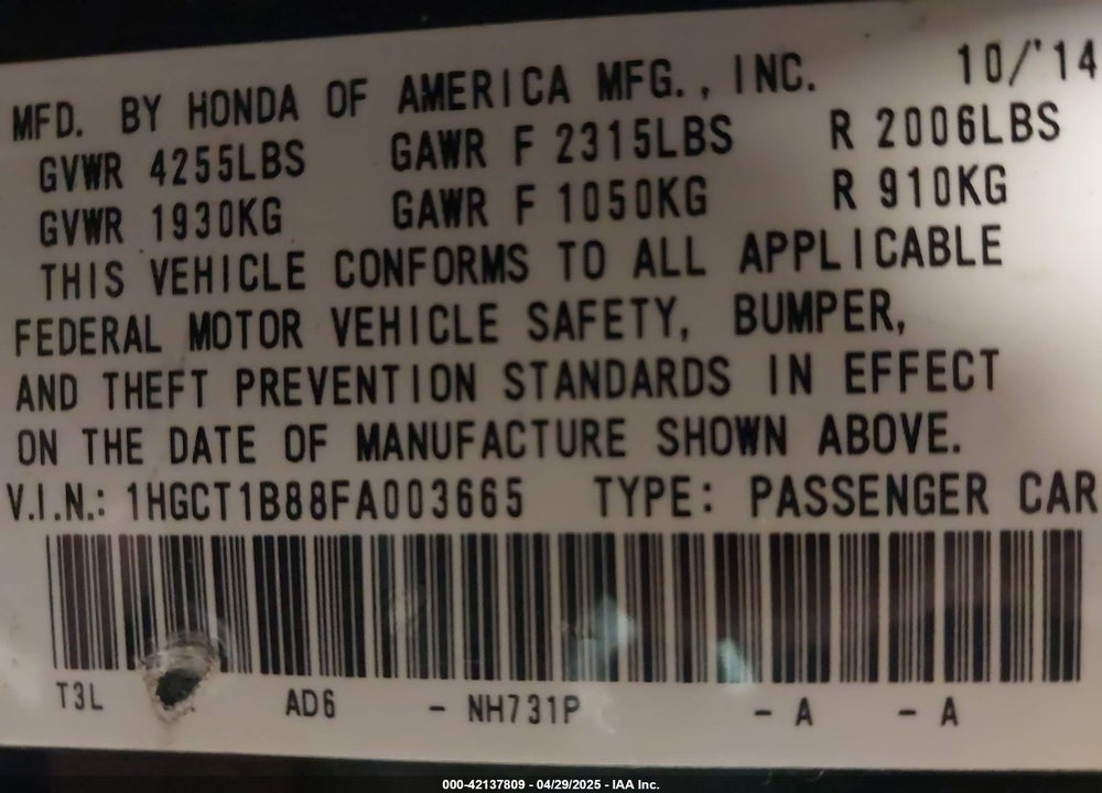 2015 HONDA ACCORD VIN: 1HGCT1B88FA003665