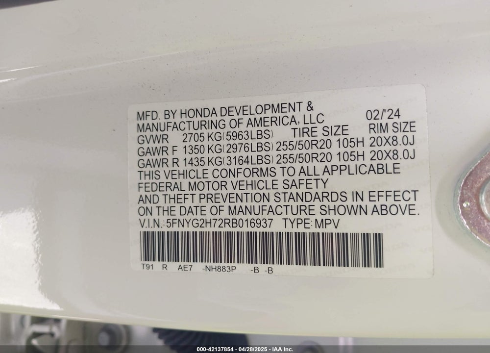 2024 HONDA PILOT VIN: 5FNYG2H72RB016937