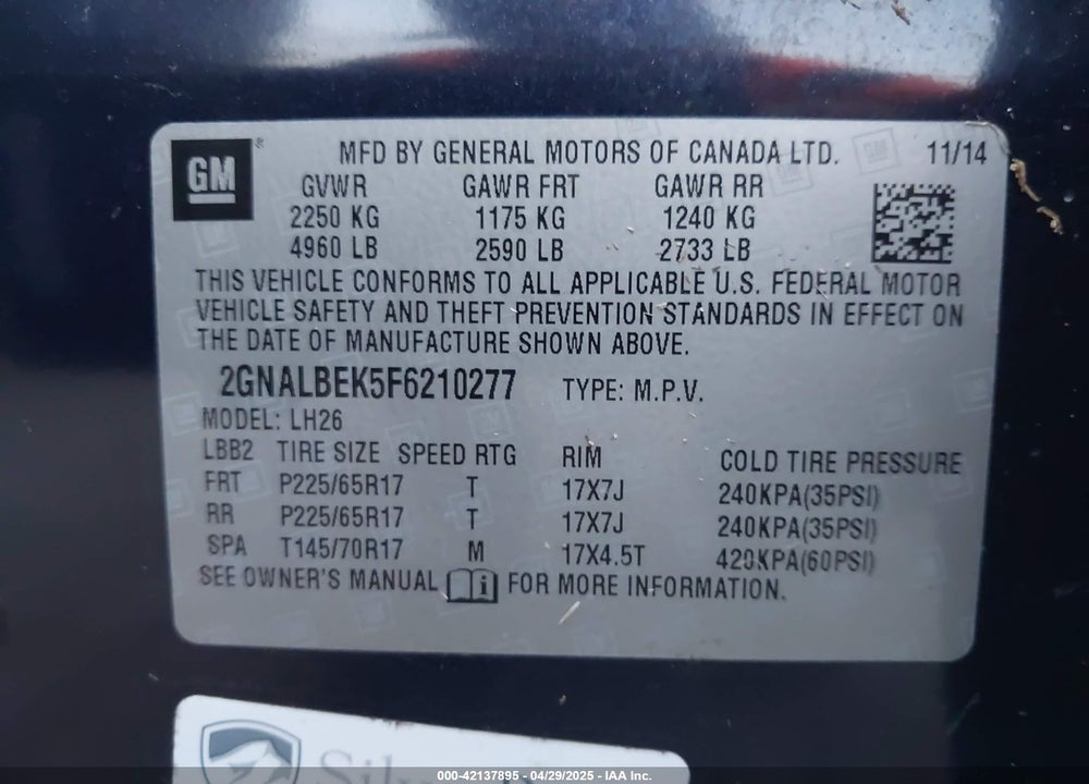 2015 CHEVROLET EQUINOX 1LT VIN: 2GNALBEK5F6210277