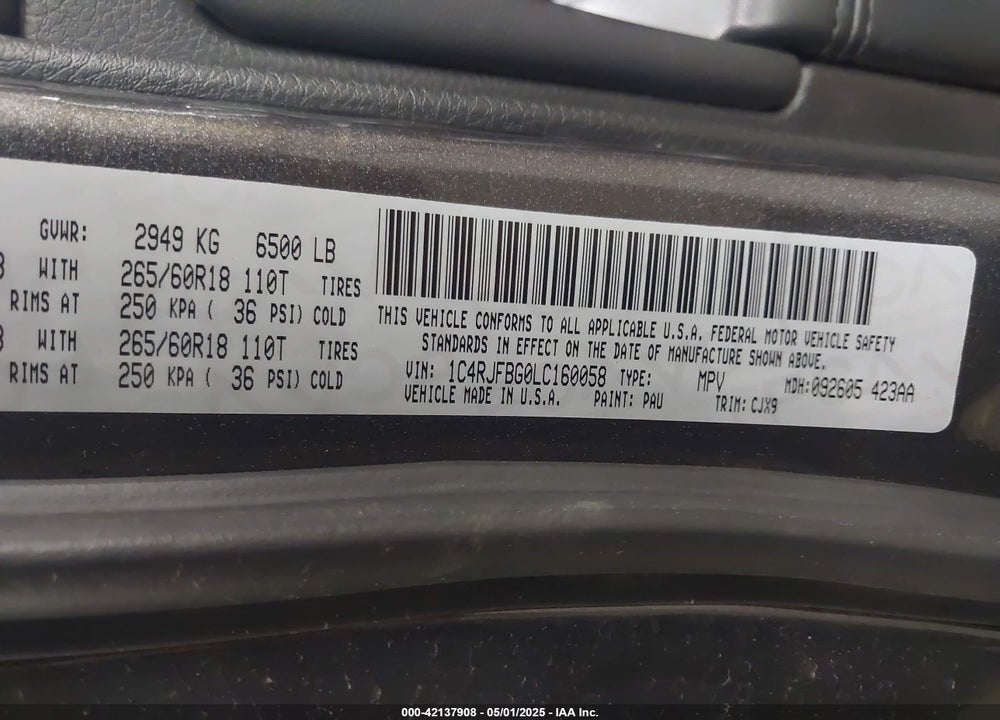 2020 JEEP GRAND CHEROKEE VIN: 1C4RJFBG0LC160058
