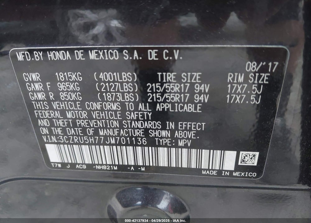 2018 HONDA HR-V VIN: 3CZRU5H77JM701136
