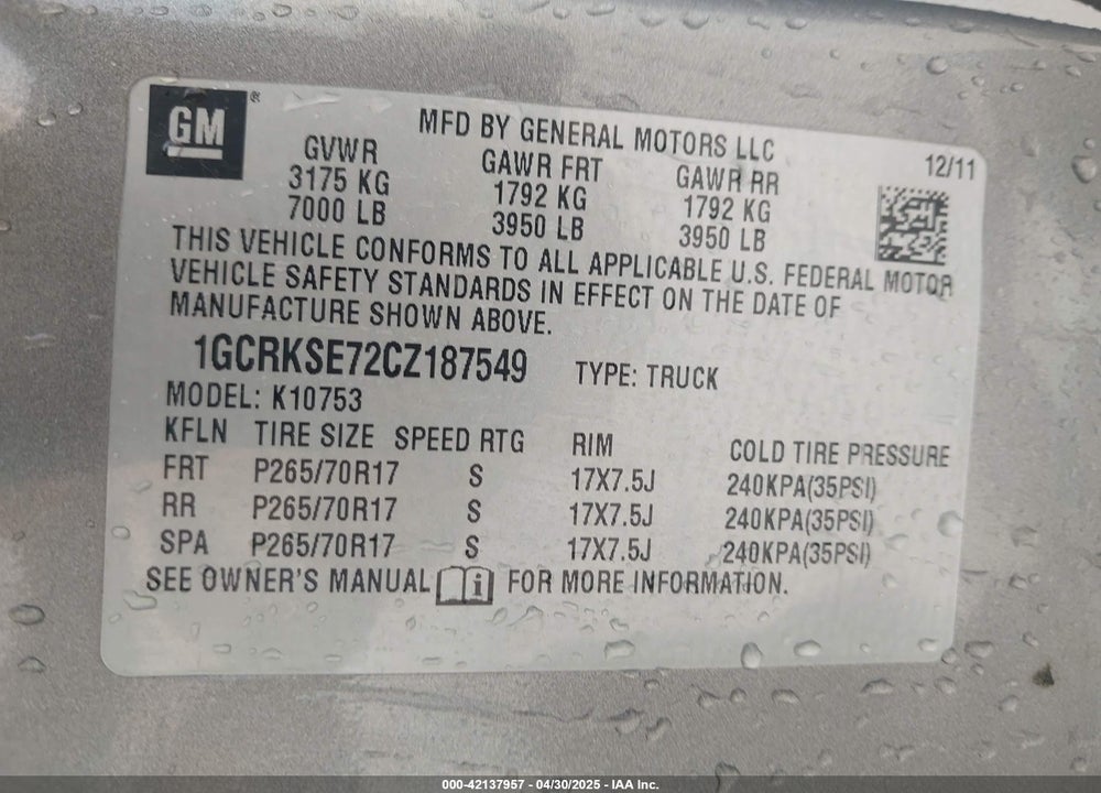 2012 CHEVROLET SILVERADO 1500 LT VIN: 1GCRKSE72CZ187549