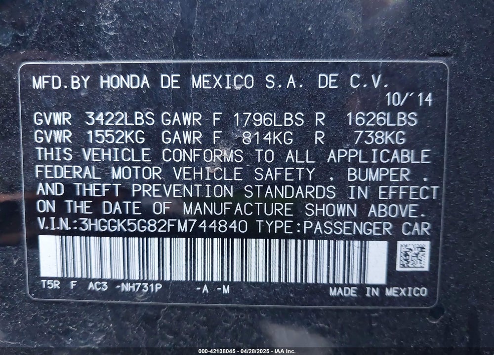 2015 HONDA FIT VIN: 3HGGK5G82FM744840