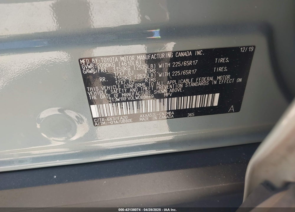 2020 TOYOTA RAV4 VIN: 2T3W1RFV0LW069849