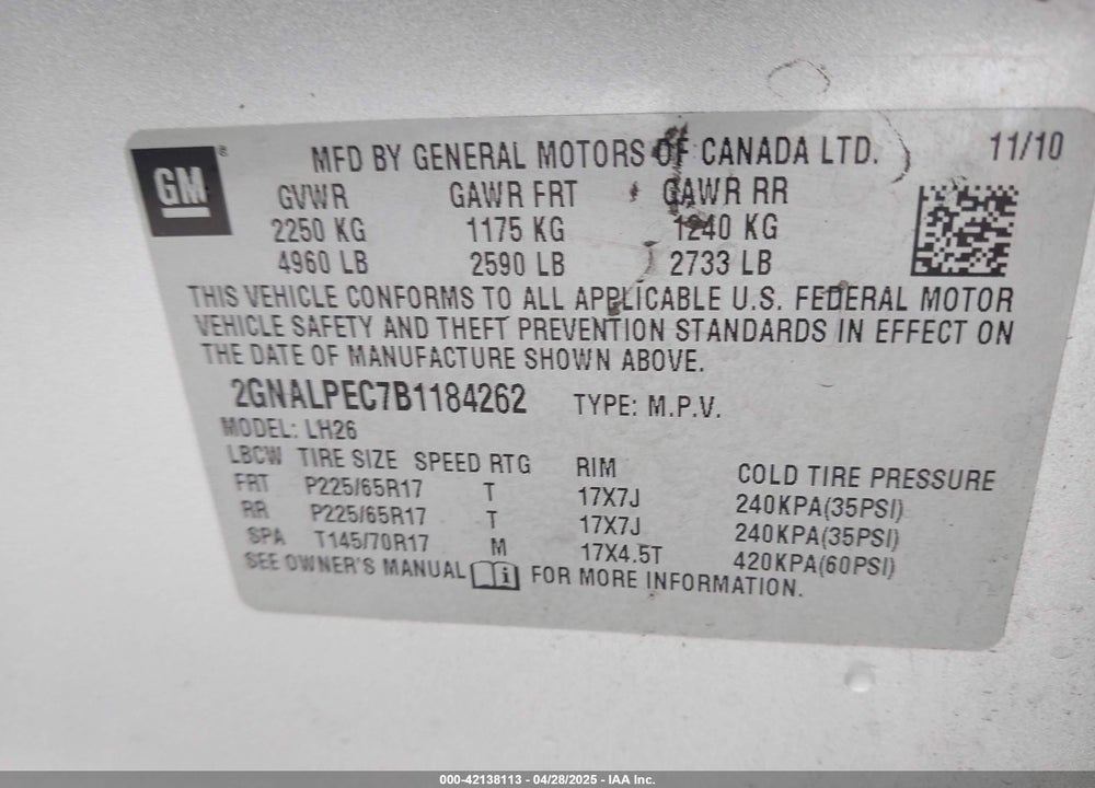 2011 CHEVROLET EQUINOX VIN: 2GNALPEC7B1184262