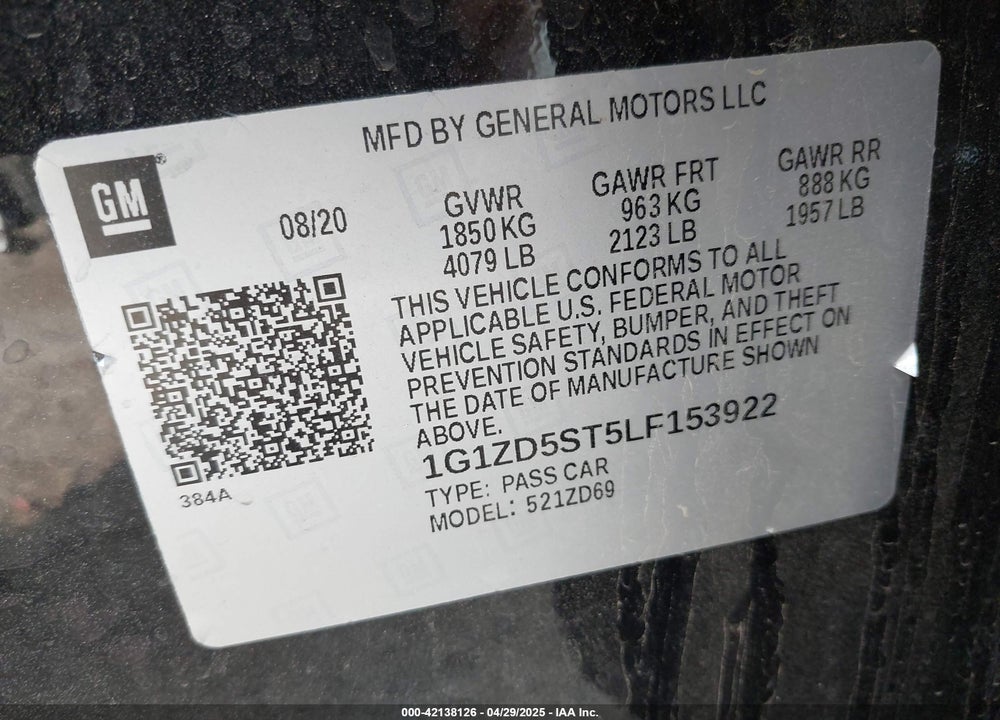 2020 CHEVROLET MALIBU VIN: 1G1ZD5ST5LF153922