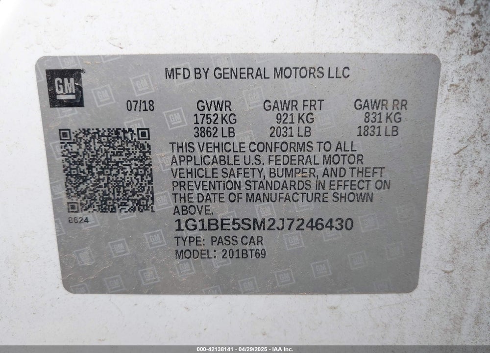 2018 CHEVROLET CRUZE VIN: 1G1BE5SM2J7246430