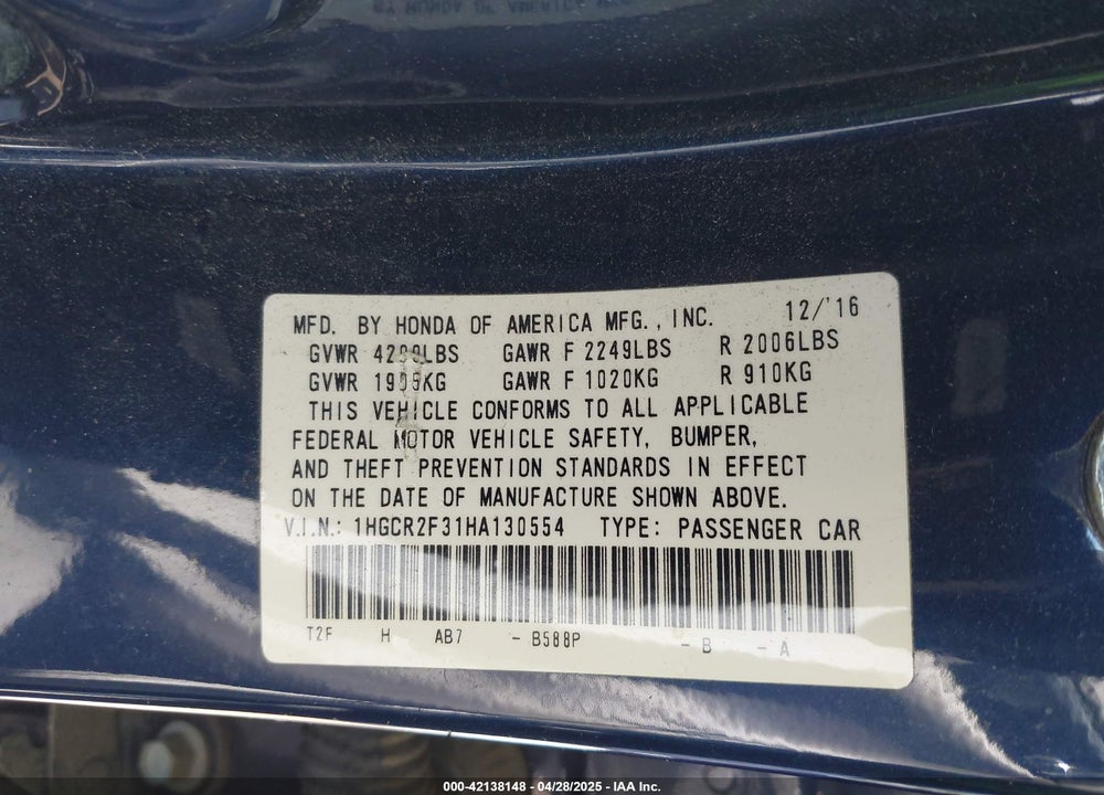 2017 HONDA ACCORD VIN: 1HGCR2F31HA130554