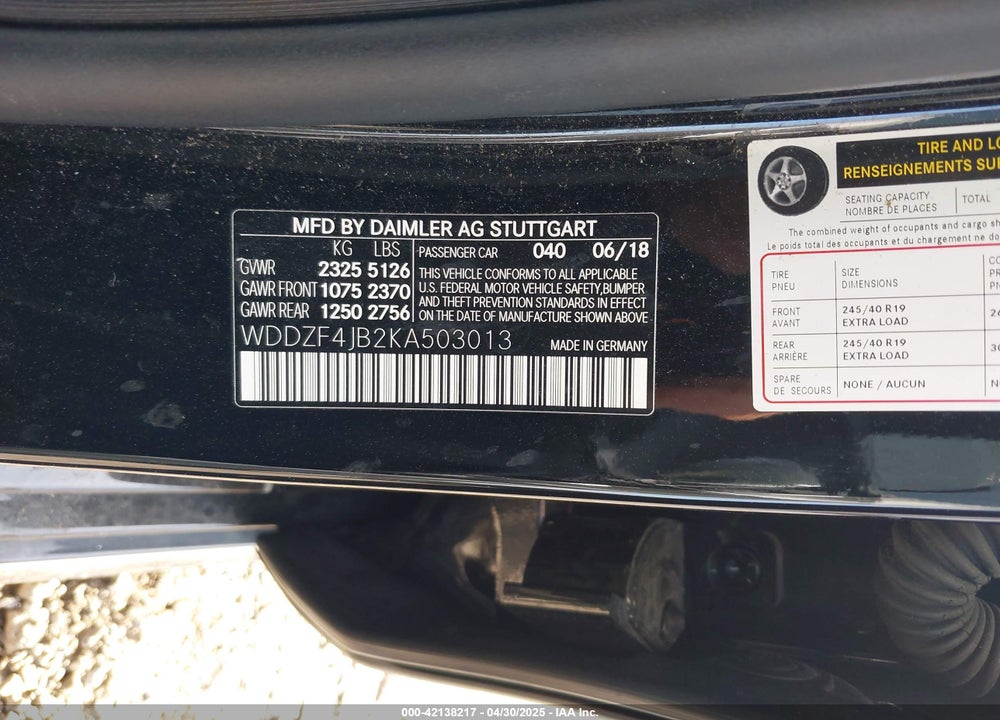 2019 MERCEDES-BENZ E 300 VIN: WDDZF4JB2KA503013