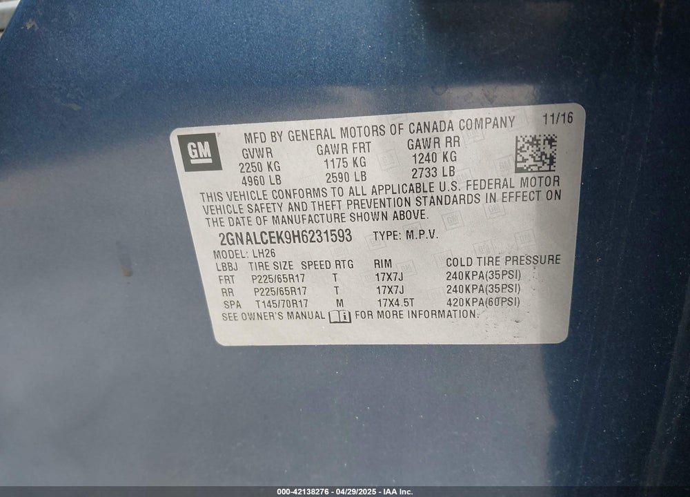 2017 CHEVROLET EQUINOX VIN: 2GNALCEK9H6231593