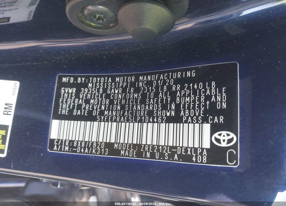 2020 TOYOTA COROLLA VIN: 5YFEPRAE5LP104462