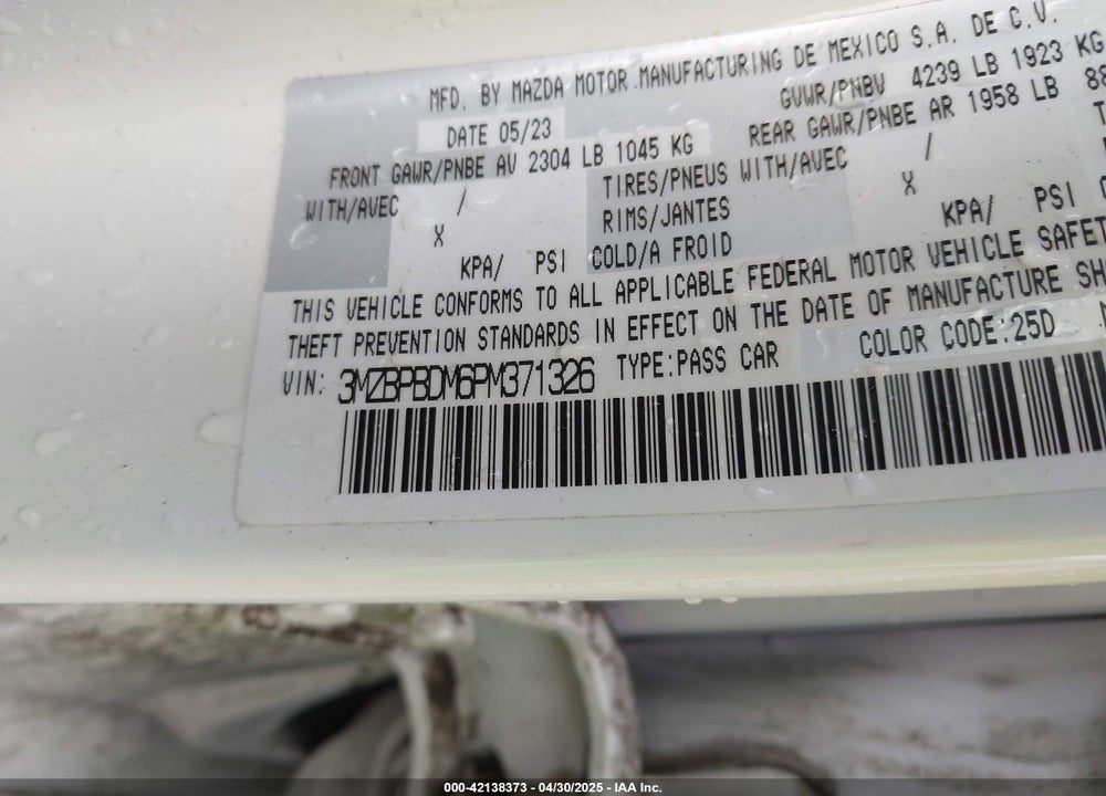 2023 MAZDA MAZDA3 VIN: 3MZBPBDM6PM371326