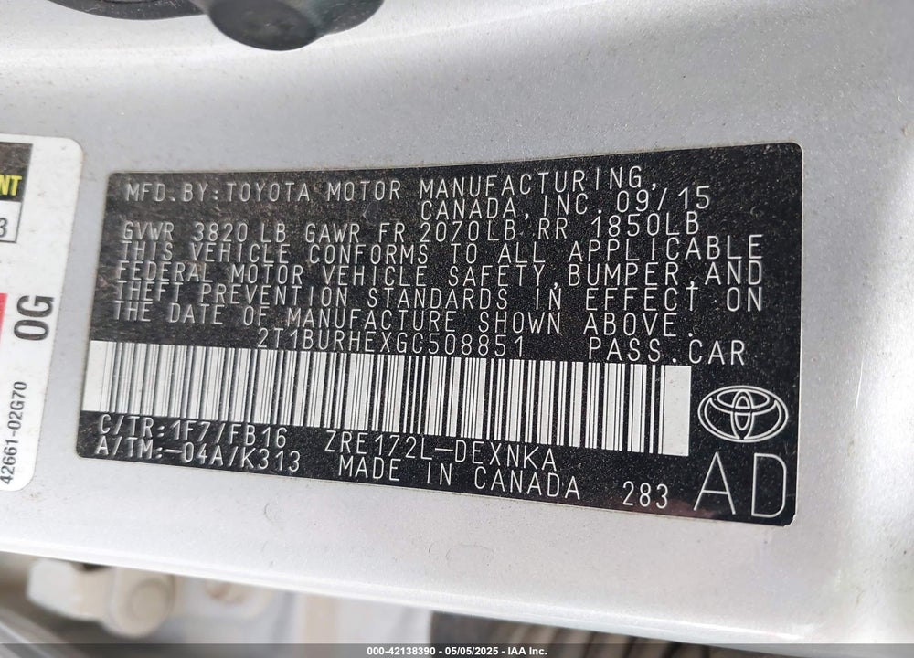 2016 TOYOTA COROLLA LE VIN: 2T1BURHEXGC508851