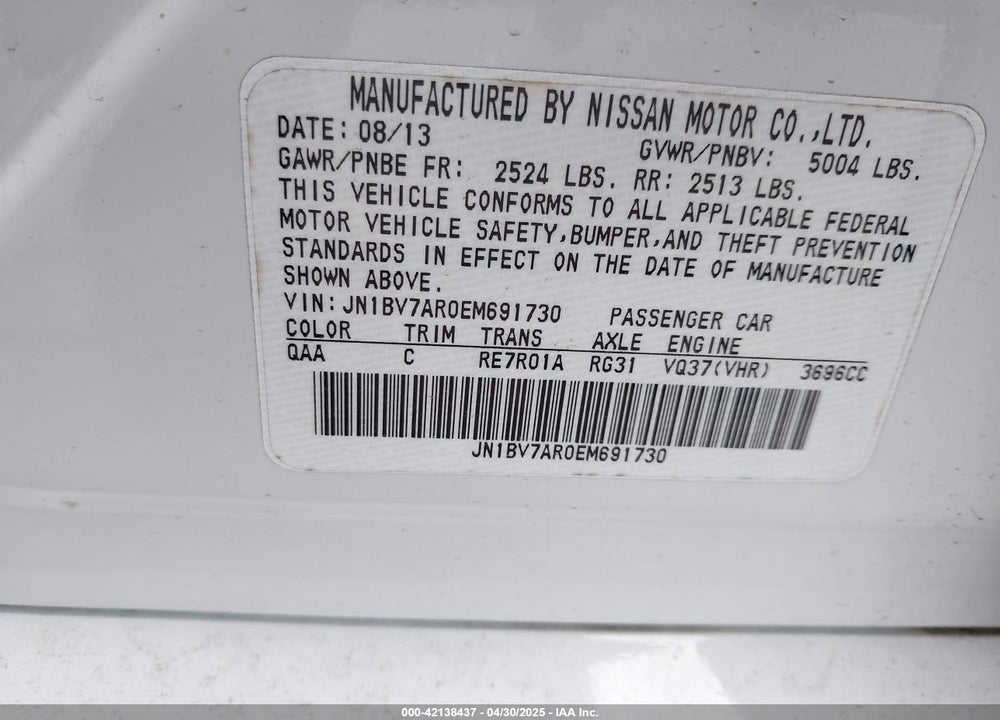 2014 INFINITI Q50 PREMIUM VIN: JN1BV7AR0EM691730