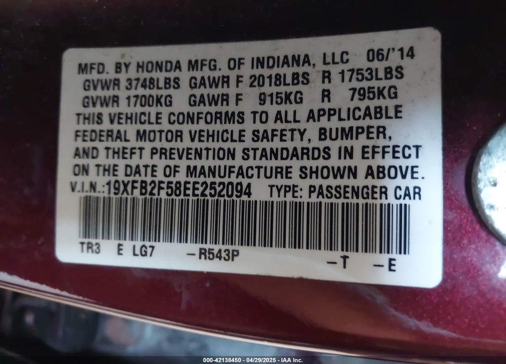 2014 HONDA CIVIC VIN: 19XFB2F58EE252094