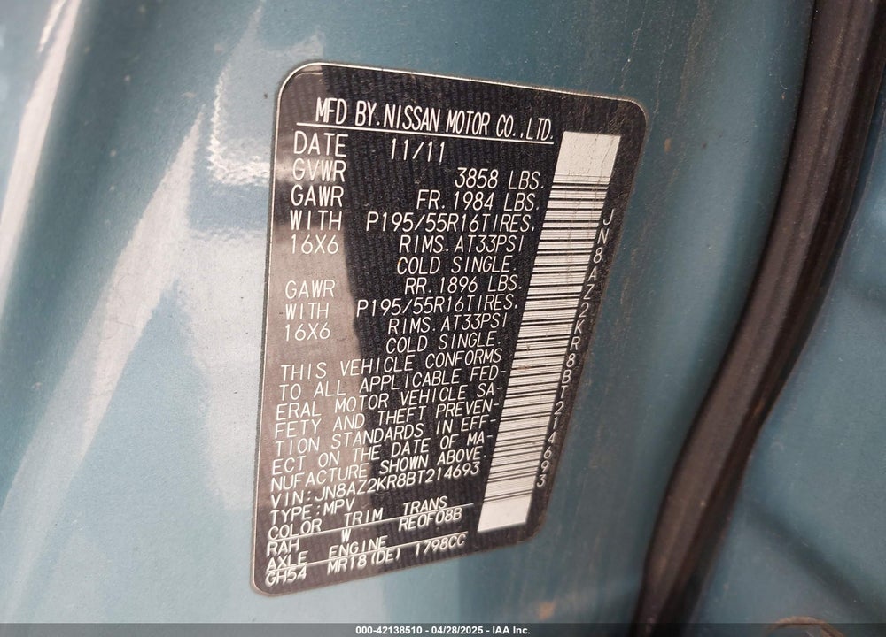 2011 NISSAN CUBE VIN: JN8AZ2KR8BT214693
