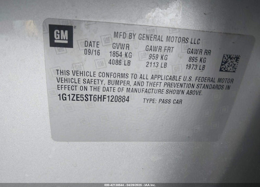 2017 CHEVROLET MALIBU VIN: 1G1ZE5ST6HF120884