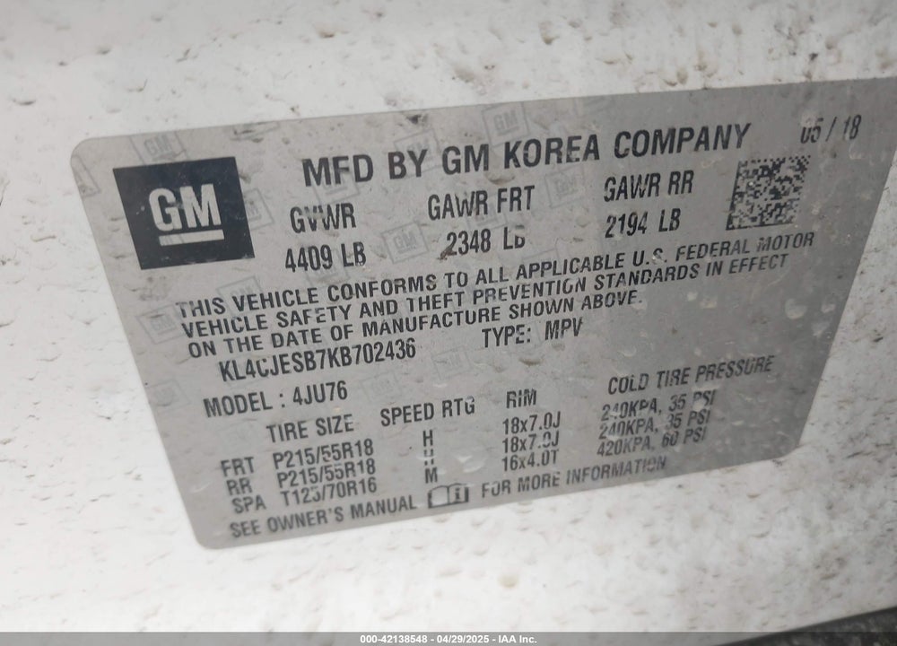 2019 BUICK ENCORE VIN: KL4CJESB7KB702436