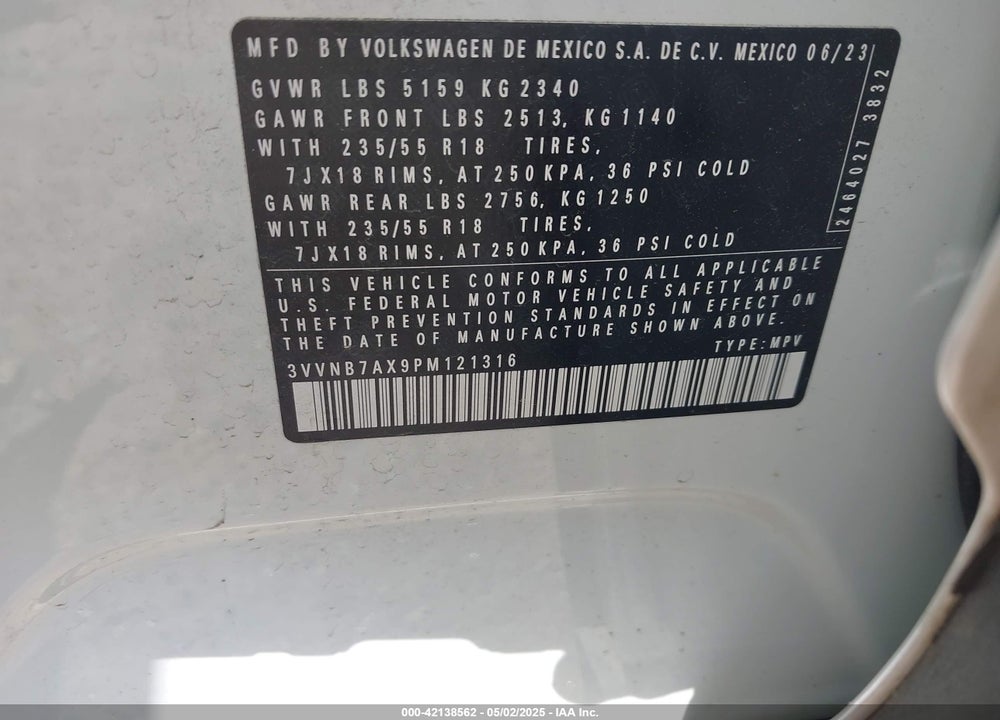 2023 VOLKSWAGEN TIGUAN 2.0T SE VIN: 3VVNB7AX9PM121316