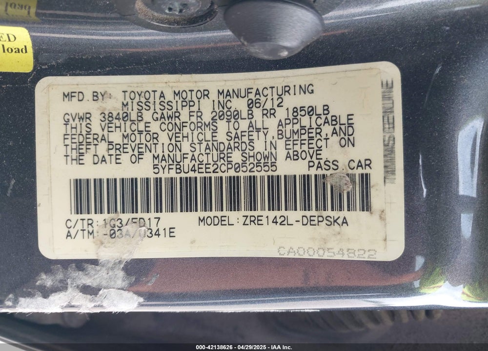 2012 TOYOTA COROLLA VIN: 5YFBU4EE2CP052555