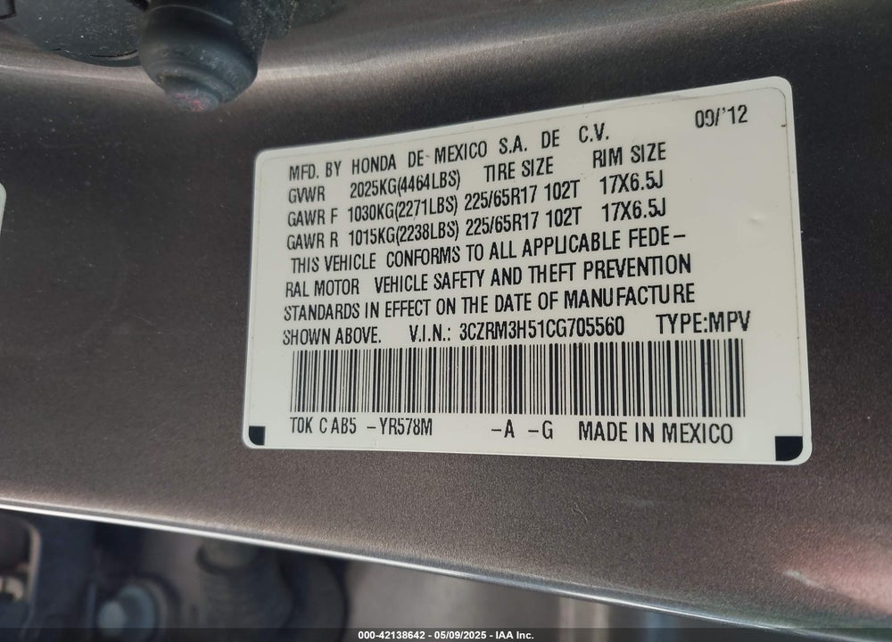 2012 HONDA CR-V EX VIN: 3CZRM3H51CG705560