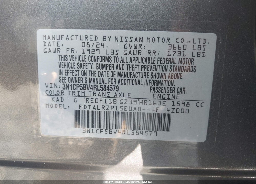 2024 NISSAN KICKS VIN: 3N1CP5BV4RL584579