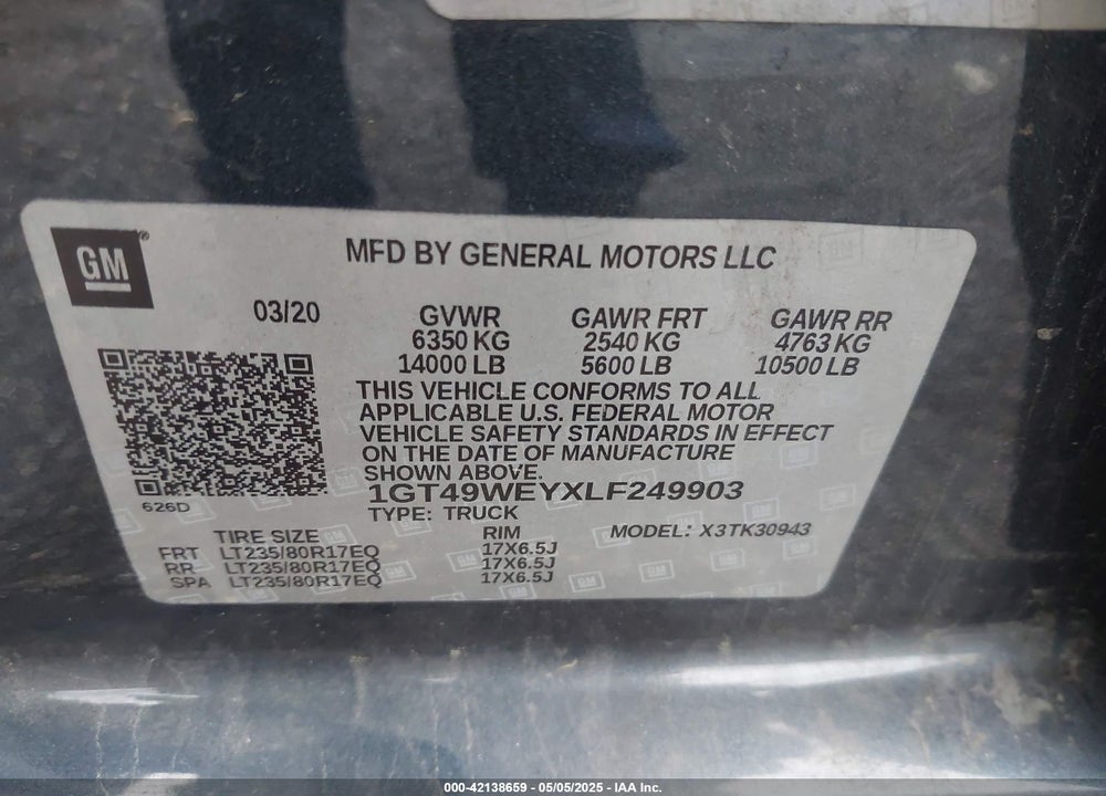 2020 GMC SIERRA 3500HD 4WD  LONG BED DENALI VIN: 1GT49WEYXLF249903