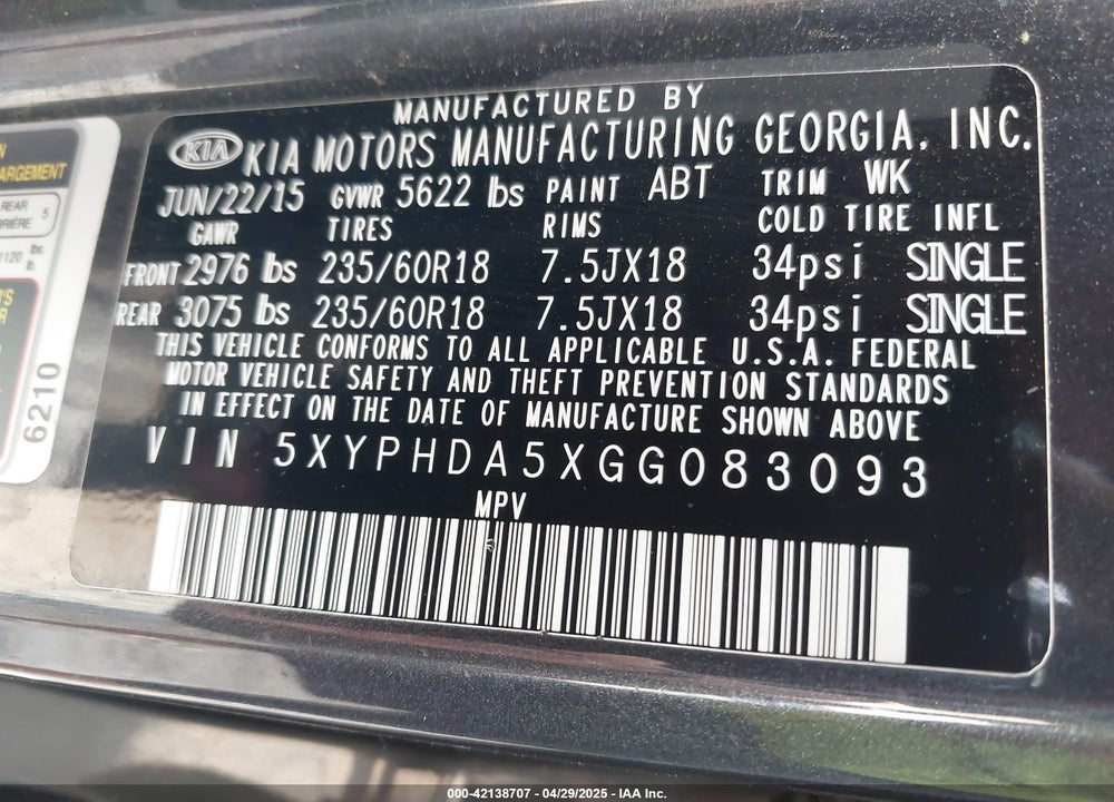 2016 KIA SORENTO VIN: 5XYPHDA5XGG083093